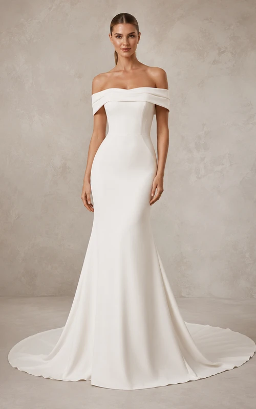 Minimalistisches Brautkleid aus Satin im Meerjungfrauenstil mit schulterfreiem Schnitt und Schleppe
