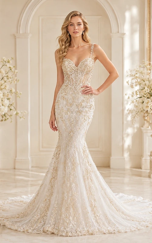 Goldenes, perlenbesetztes Meerjungfrauen-/Trompetenkleid mit herzförmigem Ausschnitt, ärmellos, bodenlang, mit Schleppe – ein luxuriöses Brautkleid