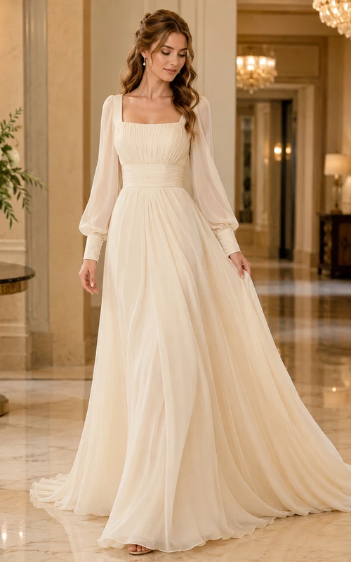 Robe de mariée en tulle à col carré et manches bouffantes, longueur au sol, col carré.