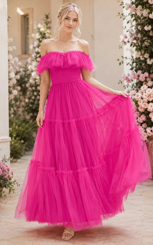 Fuchsia Off-the-Shoulder Ruffled Tiered Tulle Floor-Length Dress