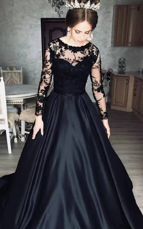 Robe de bal noire élégante à manches longues, robe de mariée gothique grande taille, style modeste