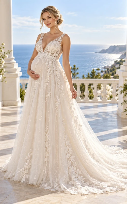 Maternity V-neck Sleeveless Floral Lace Tulle Empire Train Wedding Dress
