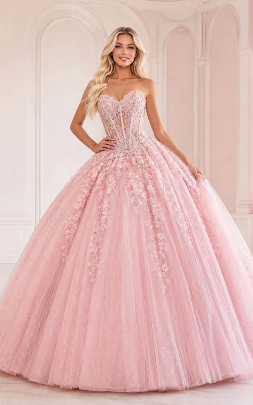 Blushing Pink Luxury Strapless Sweetheart Basque Waist Floral Sweet Sixteen Princess Ball Gown
