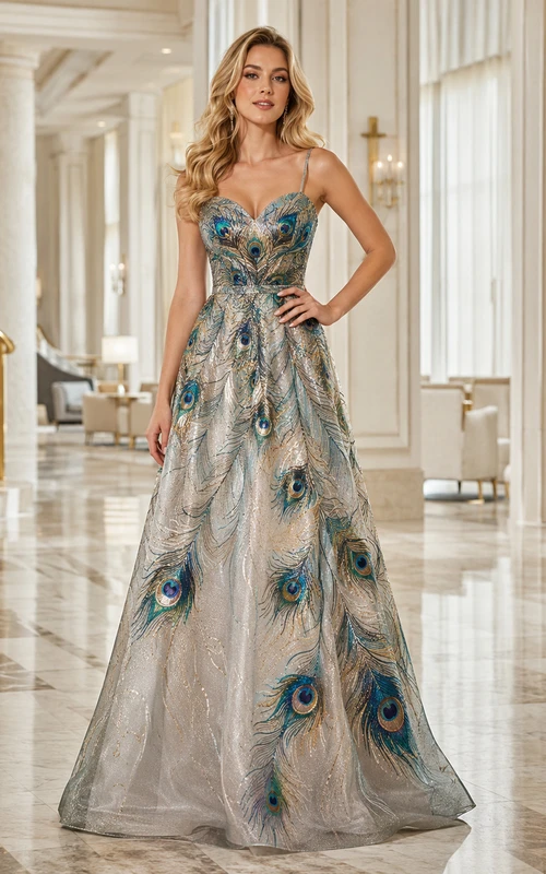 Peacock Feather Print Strapless Sweetheart A-Line Formal Evening Dress