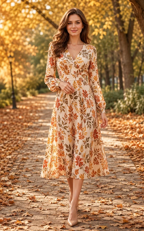 V Neck Autumn Leaf Print Long Sleeve Midi Dress