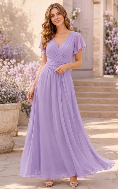 Vestido de dama de honor formal, modesto, de gasa, con escote en V y mangas con volantes, largo hasta el suelo.