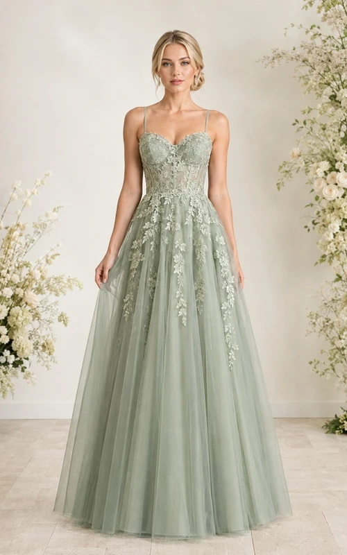 Sage Lace Bodice Tulle A-Line Evening Gown Classic