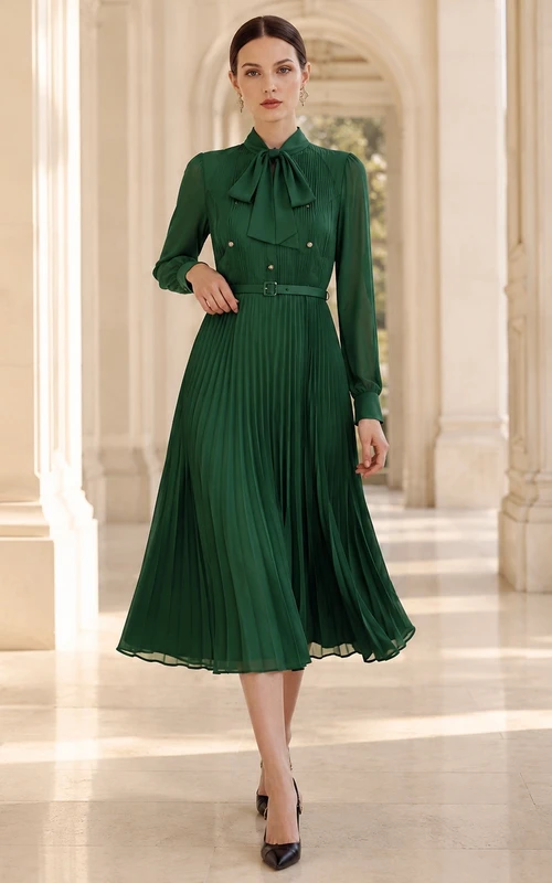 Grünes, hochgeschlossenes, langärmeliges, geknöpftes, plissiertes Samtkleid in Teelänge und A-Linie im Vintage-Stil