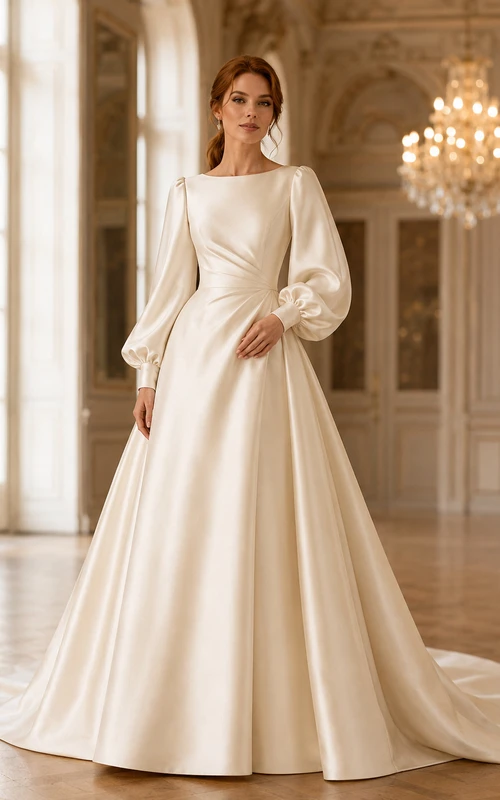 Robe de mariée en satin sobre, coupe trapèze, col bateau, manches longues, traîne courte