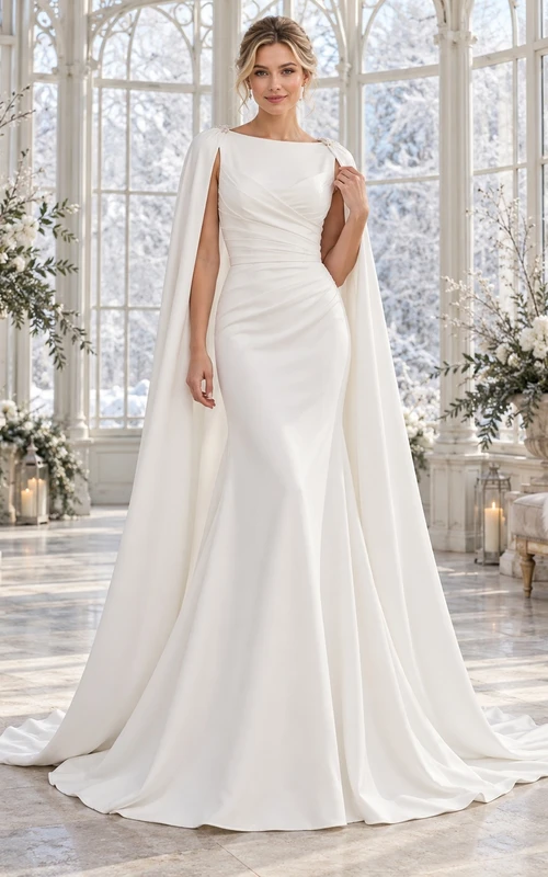 Vestido de novia sencillo de invierno con escote barco, capa de crepé y fruncido lateral.