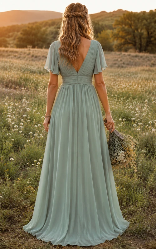 Vestido de dama de honor de gasa de corte A con escote en V y manga corta, color verde salvia