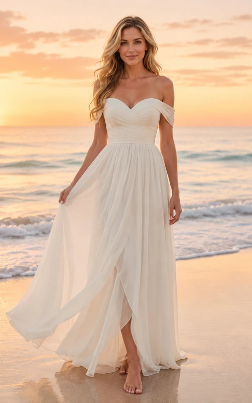 Robe de mariée trapèze en mousseline à épaules dénudées et décolleté cœur, idéale pour une cérémonie de renouvellement de vœux à la plage.