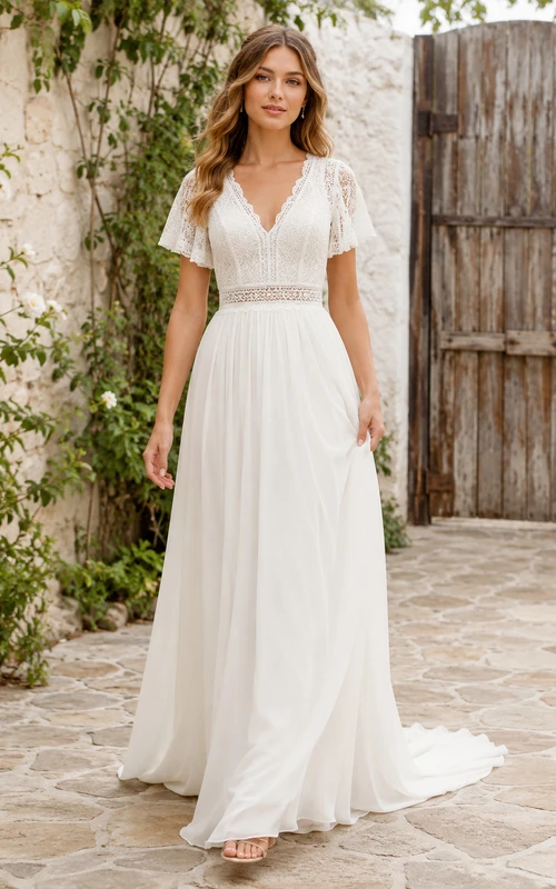 Bohemian V Neck Lace Petal Sleeve Chiffon A-Line Deep Back Wedding Dress