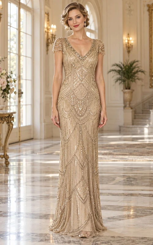Robe longue de cérémonie champagne des années 1920, col en V, manches courtes et broderies géométriques perlées