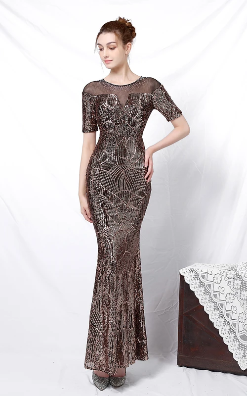 Elegante vestido de noche largo de manga media con lentejuelas y cola de sirena, estilo banquete.