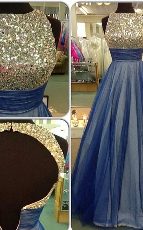 Hermoso vestido de noche sin mangas con lentejuelas, corte en A, de tul, para fiesta de graduación.