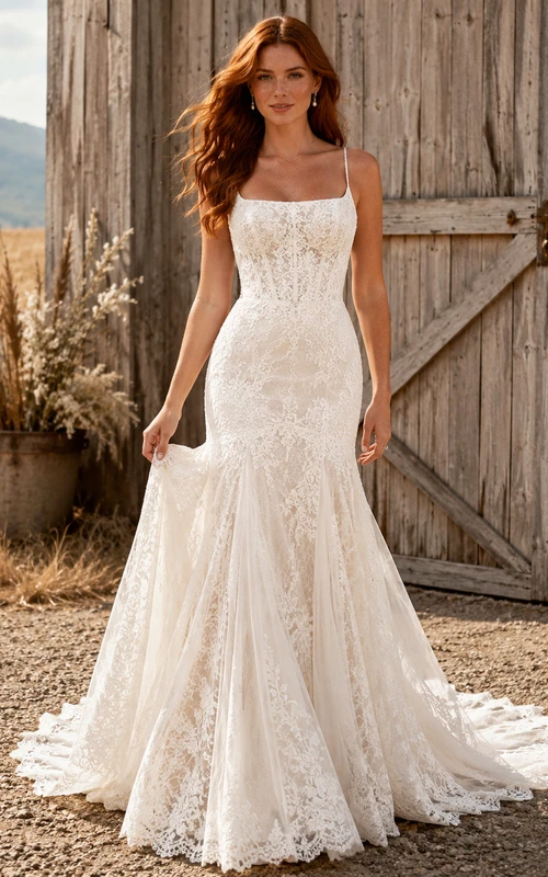 Brautkleid im Landhausstil mit Spitze, Meerjungfrauen-Stil, eckigem Ausschnitt, ärmellos, Kapellenschleppe