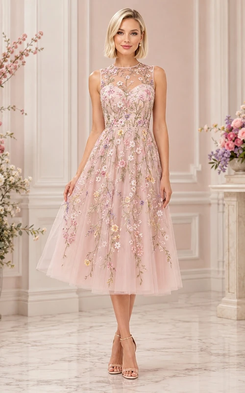 Vintage Blush Scoop Neck Short Sleeve Tea-length Tulle A-line Floral Dress