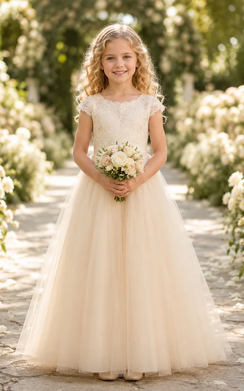 Robe de demoiselle d'honneur romantique en tulle, col montant, manches courtes et dentelle, coupe trapèze, longueur au sol