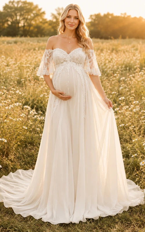 Vestido de novia premamá con escote corazón, mangas de encaje y corte en A con cola.