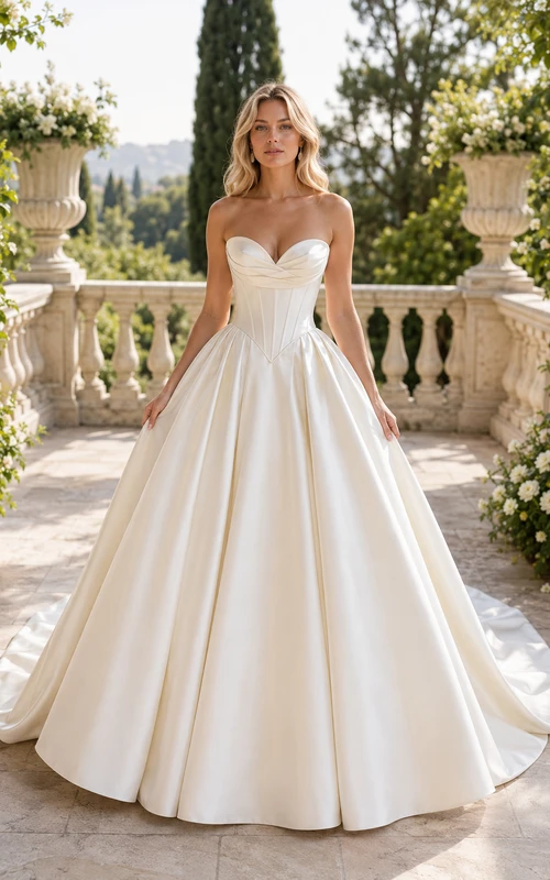 Robe de mariée bustier en satin, style bal, avec corsage corset en forme de cœur
