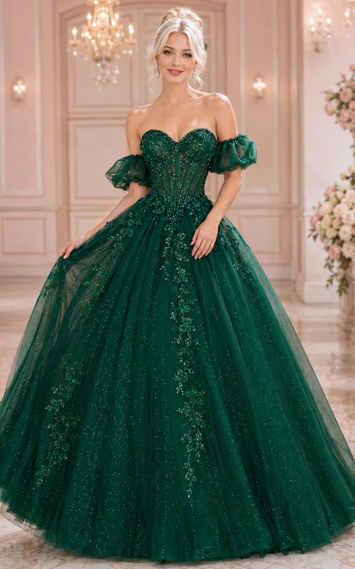 Vestido de gala romántico de encaje y tul con escote corazón y hombros descubiertos, color esmeralda, ideal para quinceañeras.