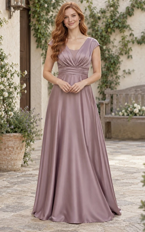 Vestido de noche de satén color malva con escote en V, mangas cortas y cintura fruncida, corte en A.
