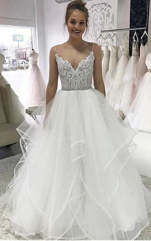 Spaghetti Tulle Ball Gown A-line Draped Dress with Lace Top