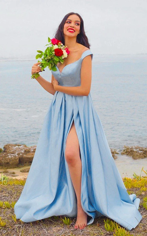Satin-Abendkleid in A-Linie, bodenlang, mit Schleppe, ärmellos und schlicht, mit Taschen