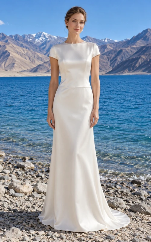 Schlichtes, bodenlanges Brautkleid aus Satin mit kurzem Ärmel und U-Boot-Ausschnitt