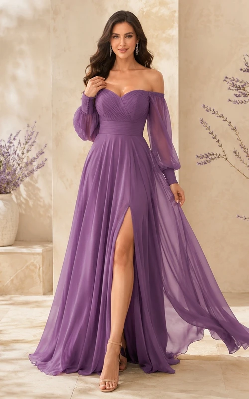 Orchid Chiffon Off-the-shoulder Poet Sleeve A-Line Prom Gown