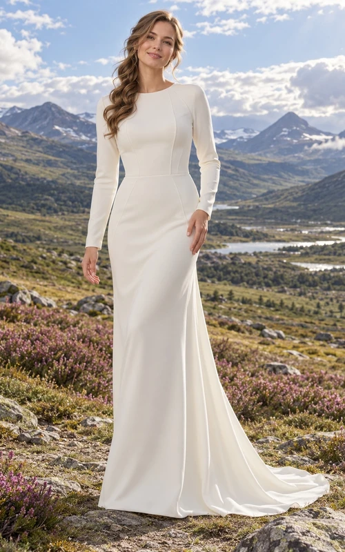 Vestido de novia de crepé de manga larga con escote barco, corpiño con paneles y cola.