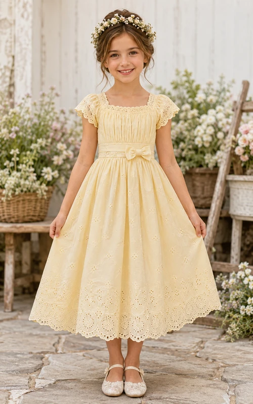 A-Linien-Blumenmädchenkleid aus Tüllspitze mit kurzen Ärmeln und Teelänge, warmem Champagner-Spitzenbesatz, eckigem Ausschnitt und Schleifenschärpe.