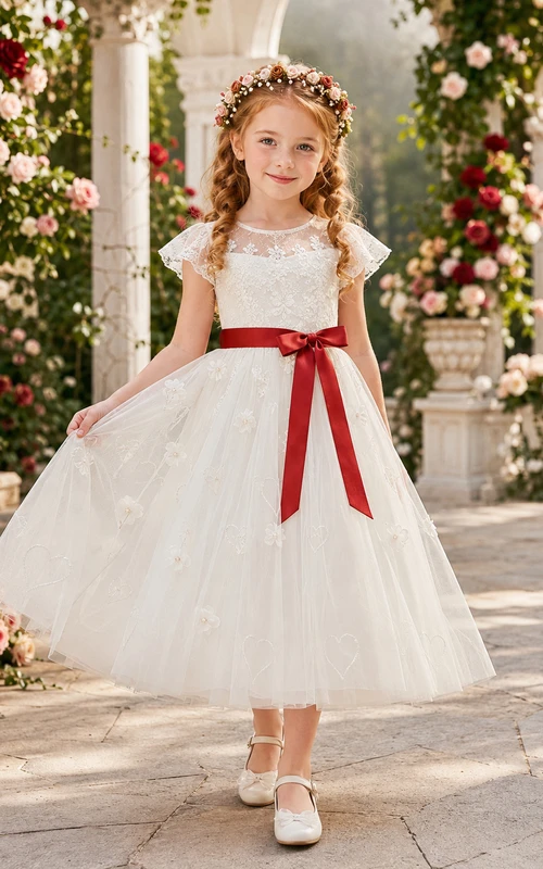 Adorable y elegante vestido de niña de las flores, estilo barco, manga corta, tul, largo hasta la rodilla, fajín color burdeos.