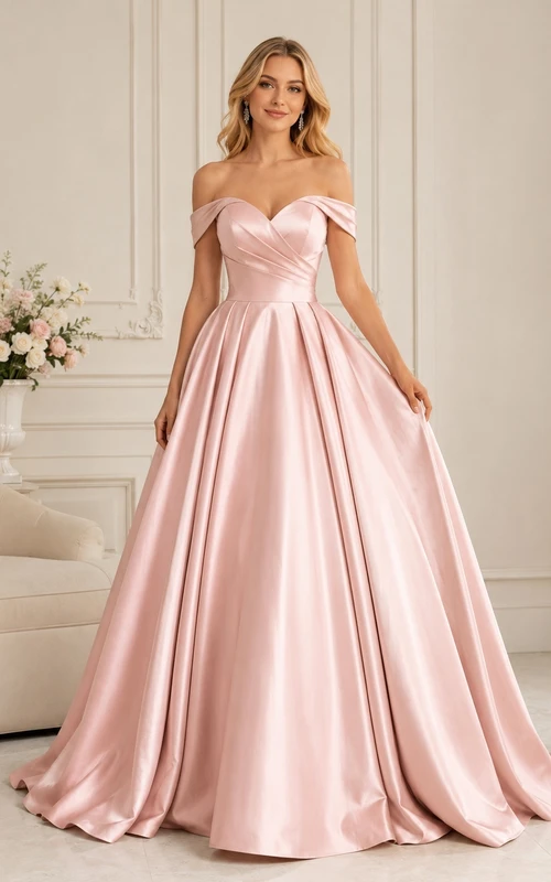 Blushing Pink Satin Off Shoulder Short Sleeve Ball Gown Sweep Train Prom Dress