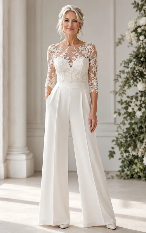 Mono de novia con mangas de encaje transparente y pantalón de pierna ancha.