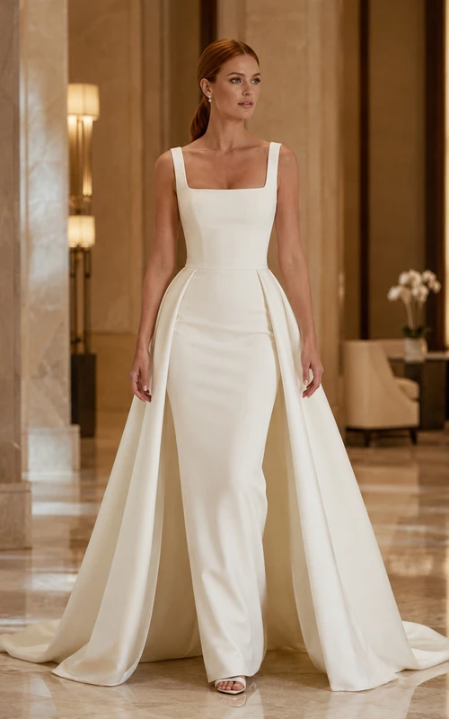 Strandhochzeitskleid aus Satin, Etuikleid mit Trägern, Schleppe und Schlitz