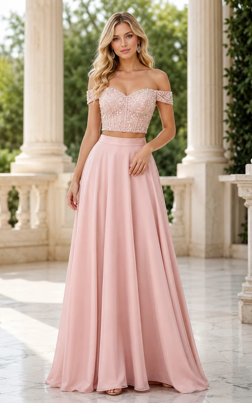 Vestido de fiesta formal de gasa con lentejuelas, dos piezas, escote Bardot y mangas cortas, en tono rosa empolvado.