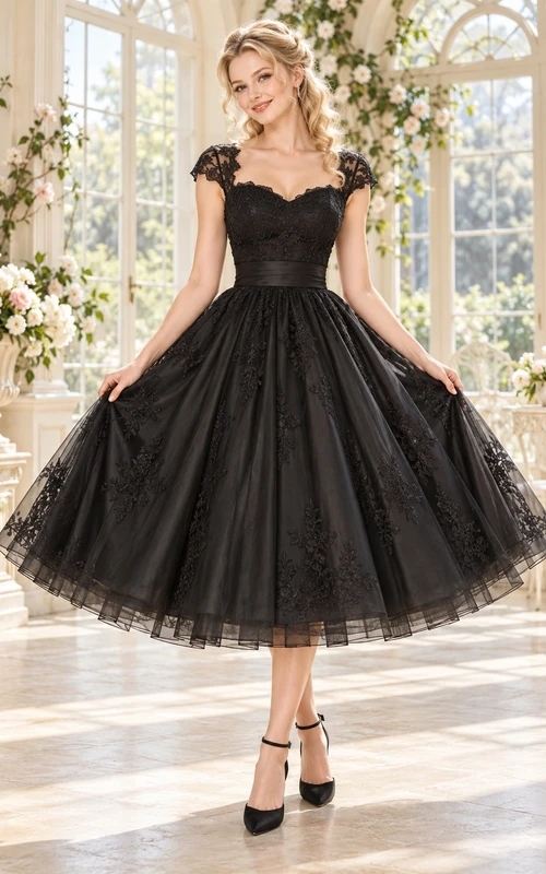 Vintage Black Tea-length Cap Sleeve Sweetheart Lace Wedding Dress