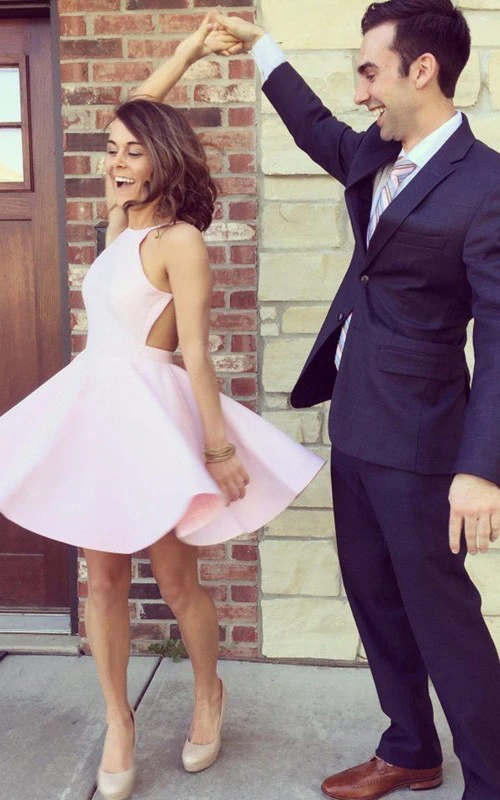 A-line Sleeveless Satin Halter Backless Zipper Straps Short Mini Homecoming Dress
