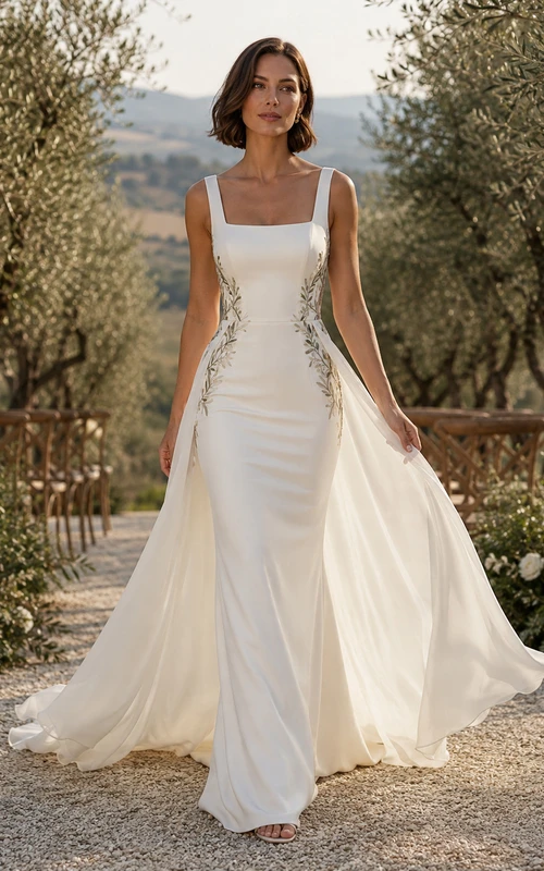 Satin Wedding Dress Sheath Square Neck Sleeveless Floor Length Low V Back Bridal Gown