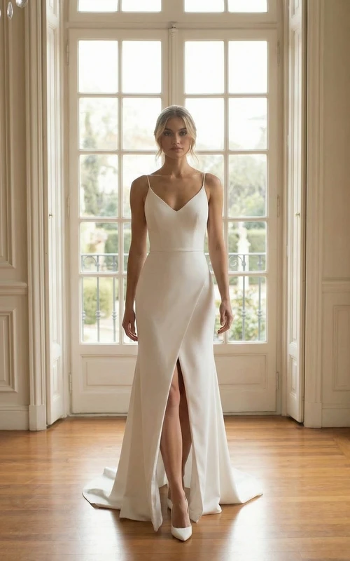Robe de mariée simple en satin, bretelles spaghetti, décolleté en V, fente sur le devant et traîne.