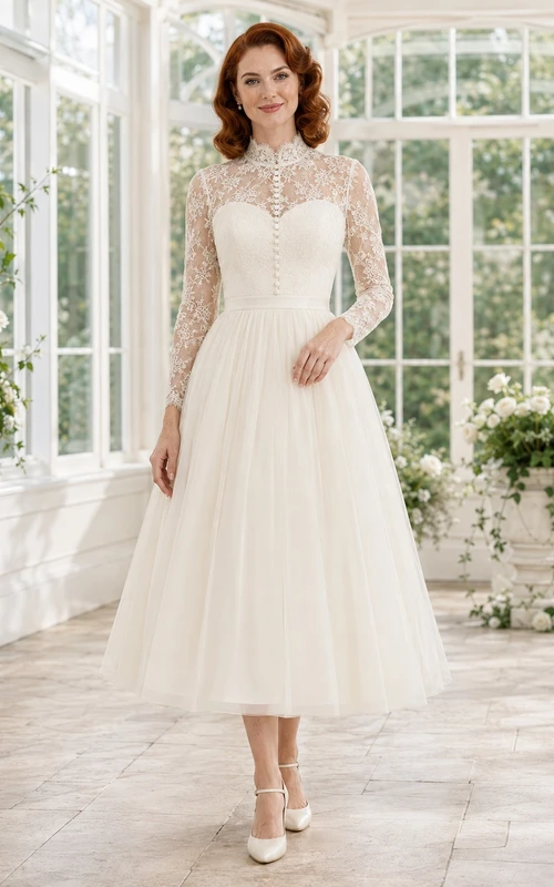 Vintage Teelänge, hochgeschlossen, langärmelig, aus Spitze und Tüll, A-Linie, schlichtes Brautkleid