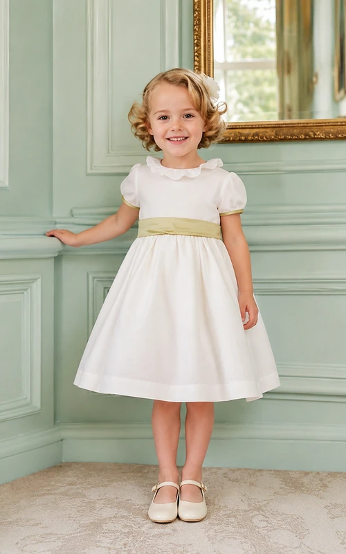 Vestido de niña de flores de satén color marfil con corte en A, fajín dorado y falda hasta la rodilla.