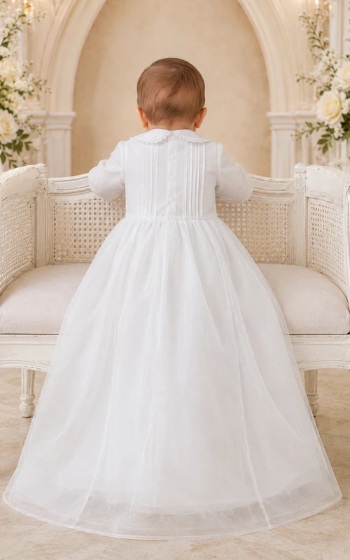 Cross Embroidered Baptism Gown A-Line Tulle Satin High Neck Long Sleeve
