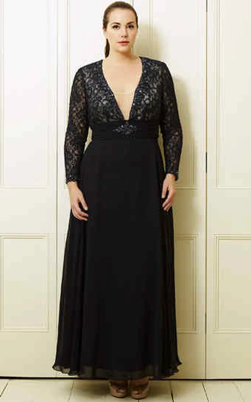 A-Line V-Neck Long-Sleeve Ankle-Length Lace&Chiffon Plus Size Prom Dress