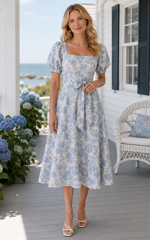 White Square Neck Puff Sleeve Blue Floral Linen A Line Tea Guest Dress