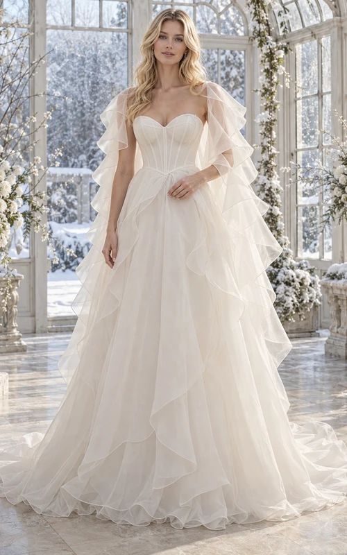 Winter Sweetheart Tiered Organza Ruffled Cape Full A-line Wedding Dress