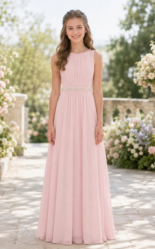 Zartrosa Brautjungfernkleid im A-Linien-Stil, ärmellos, aus Chiffon mit Perlenbesatz an der Taille, elegant