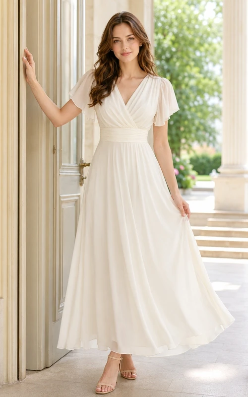 White V-Neck Short Sleeve Chiffon Tea-Length A-Line Dress